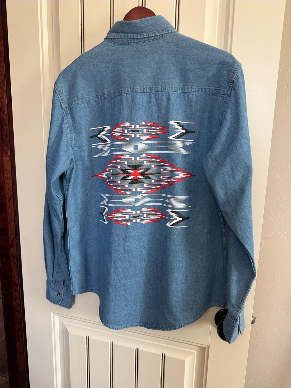 Port & Company Light Blue Denim Shirt with Southwestern Motif   NWOT